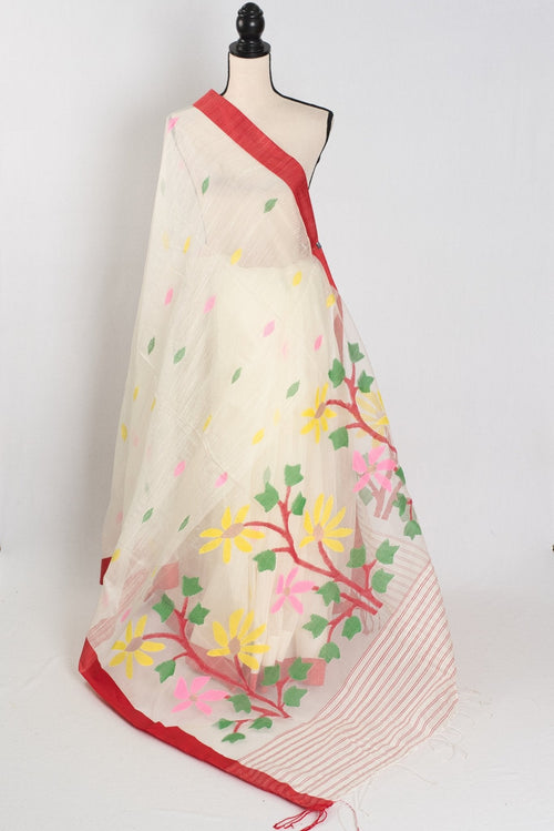 Balaka: White & Red Bengal Linen-Cotton Saree | Traditional Lal-Par Saree