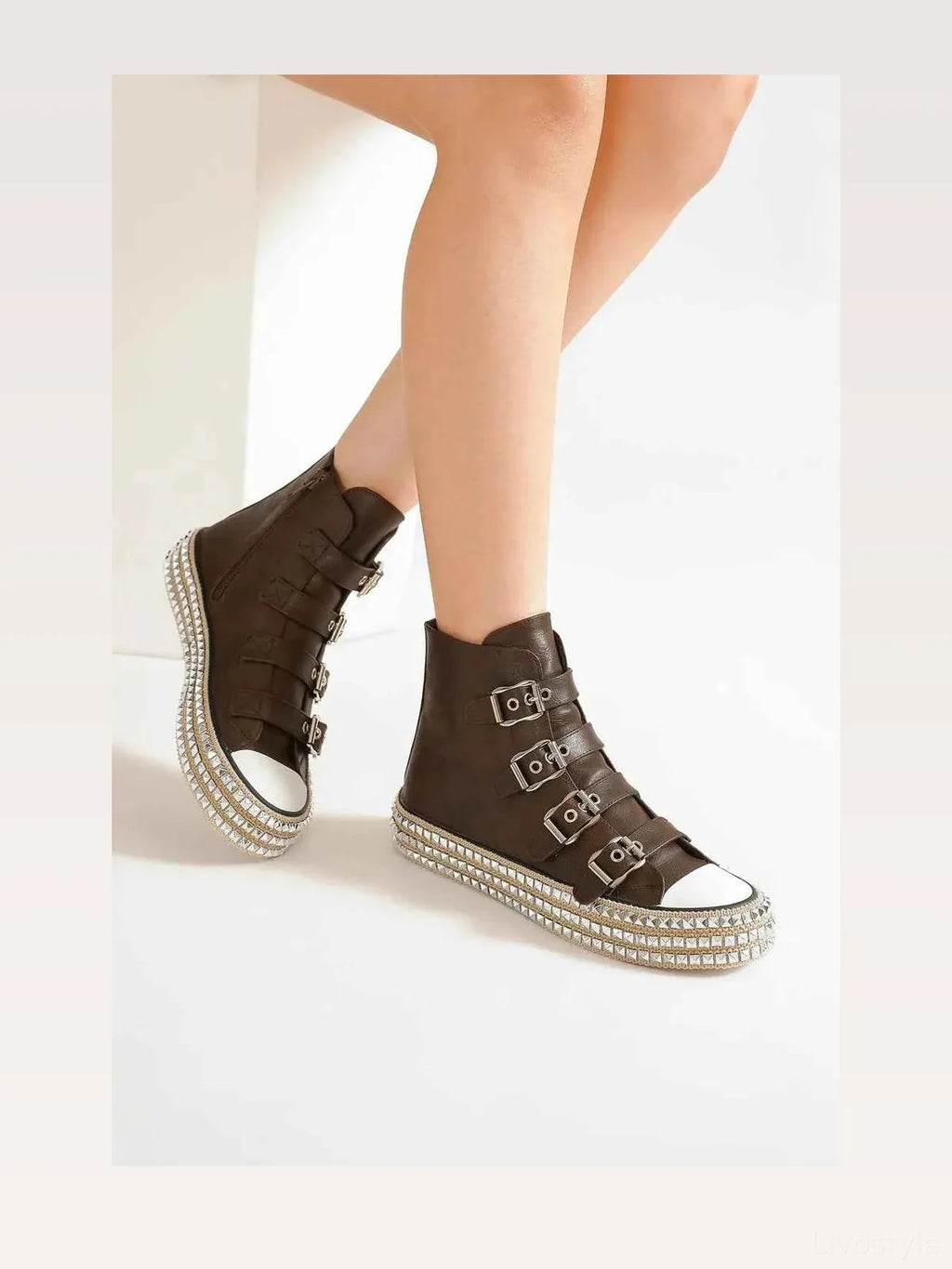 Trendy Punk-Inspired Multi-Buckle Studded Platform Sneakers