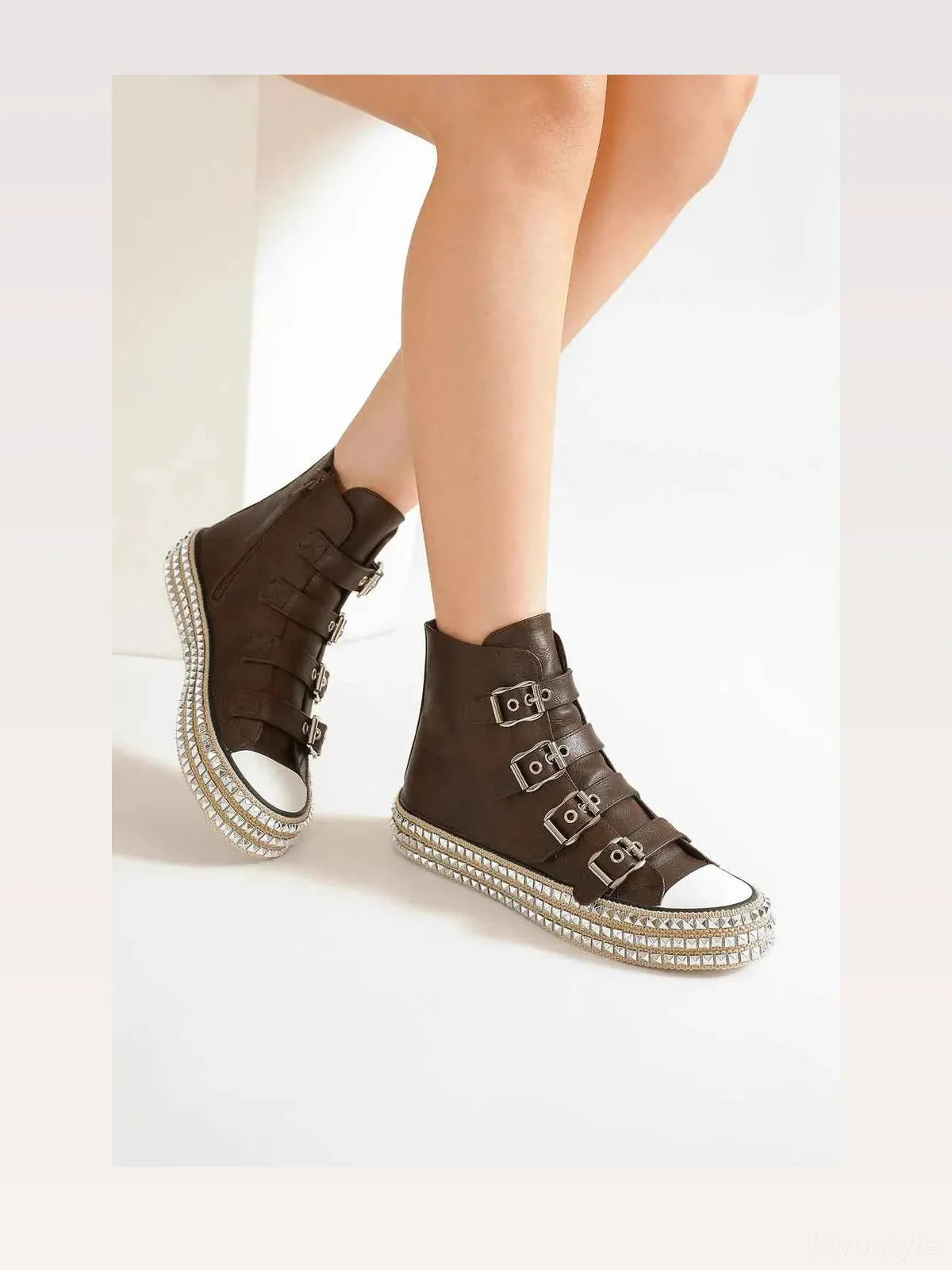 Trendy Punk-Inspired Multi-Buckle Studded Platform Sneakers