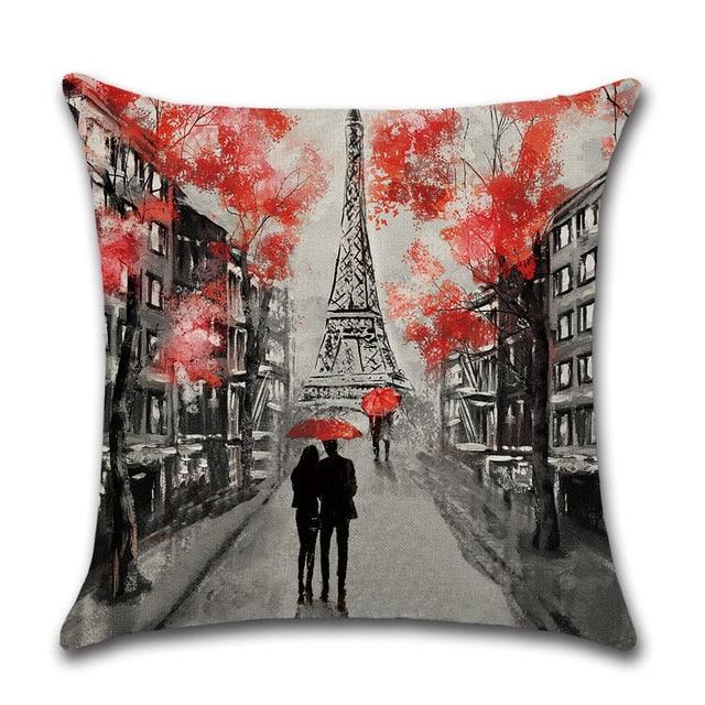 Black And Red Paris Eiffel Tower City Landscape Couple Under Square Throw Pillow Cover Decorative Black & Red Color Eiffel Tower & Big Ben Lovers Pillow Case Cushion Cover Burlap for Sofa, Living Room Bedroom Indoor or Outdoor Pillowcase 45x45cm
