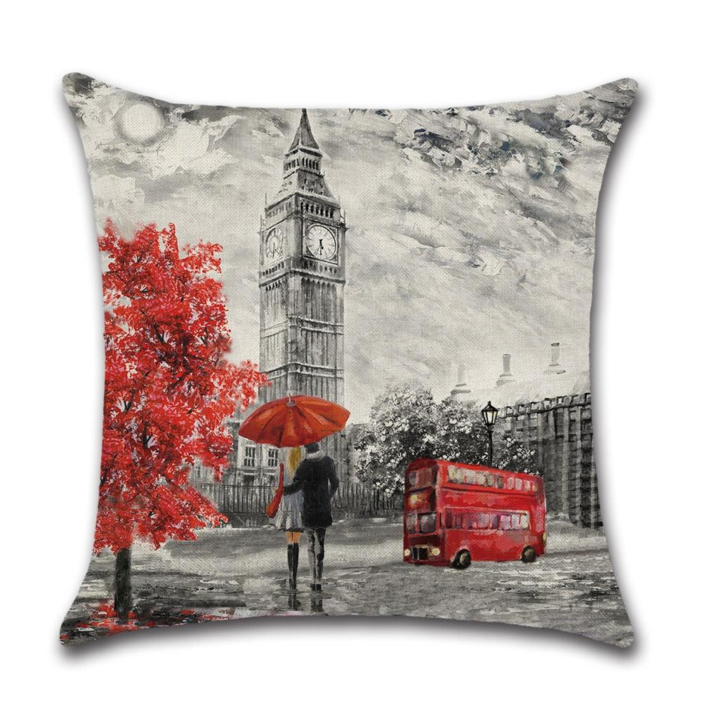 Black And Red Paris Eiffel Tower City Landscape Couple Under Square Throw Pillow Cover Decorative Black & Red Color Eiffel Tower & Big Ben Lovers Pillow Case Cushion Cover Burlap for Sofa, Living Room Bedroom Indoor or Outdoor Pillowcase 45x45cm