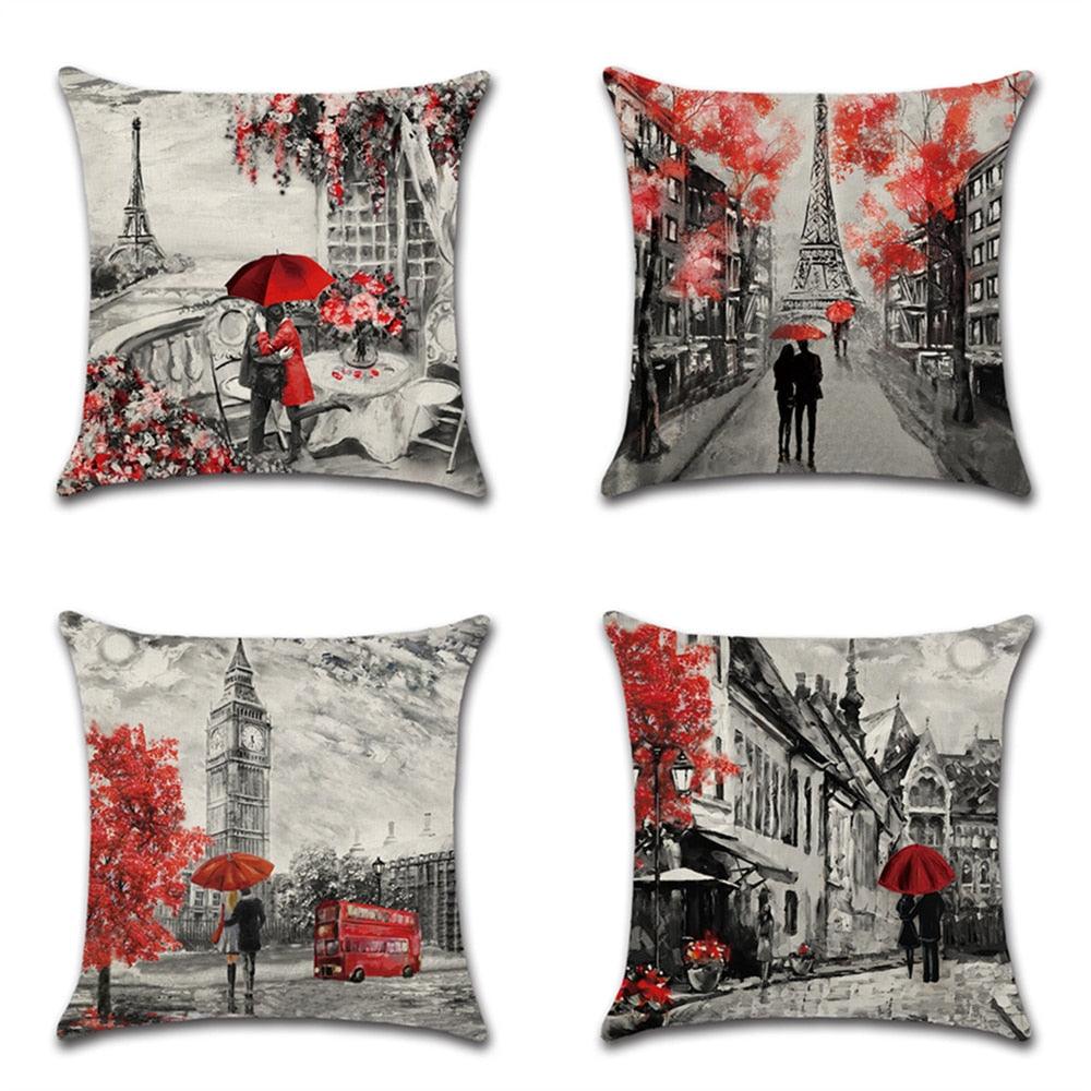 Black And Red Paris Eiffel Tower City Landscape Couple Under Square Throw Pillow Cover Decorative Black & Red Color Eiffel Tower & Big Ben Lovers Pillow Case Cushion Cover Burlap for Sofa, Living Room Bedroom Indoor or Outdoor Pillowcase 45x45cm