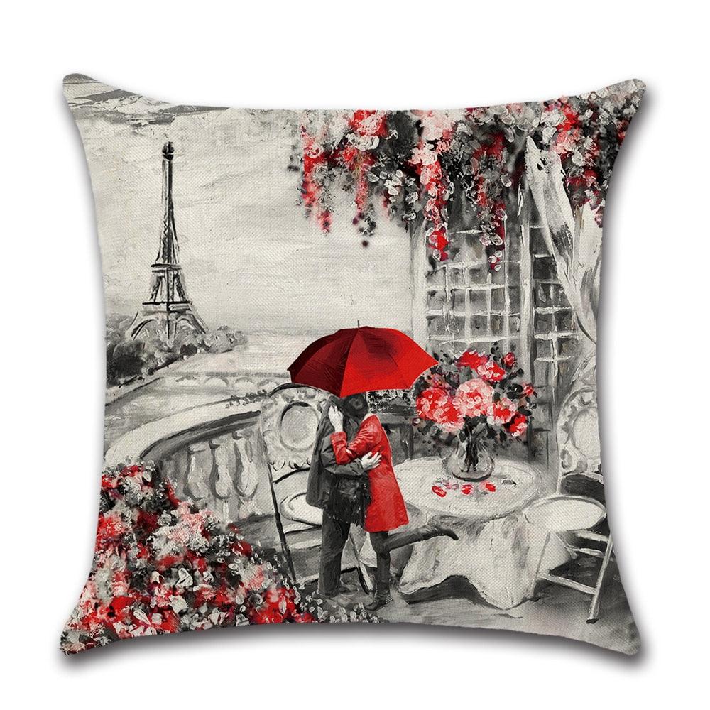 Black And Red Paris Eiffel Tower City Landscape Couple Under Square Throw Pillow Cover Decorative Black & Red Color Eiffel Tower & Big Ben Lovers Pillow Case Cushion Cover Burlap for Sofa, Living Room Bedroom Indoor or Outdoor Pillowcase 45x45cm