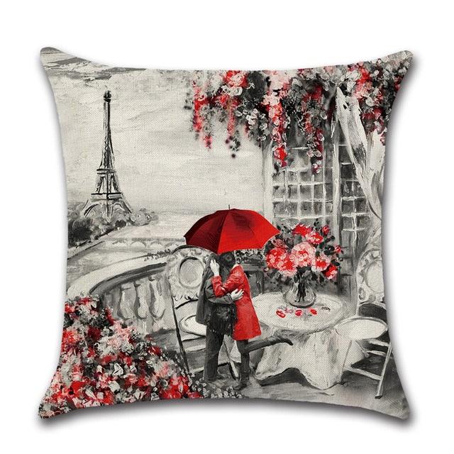 Black And Red Paris Eiffel Tower City Landscape Couple Under Square Throw Pillow Cover Decorative Black & Red Color Eiffel Tower & Big Ben Lovers Pillow Case Cushion Cover Burlap for Sofa, Living Room Bedroom Indoor or Outdoor Pillowcase 45x45cm