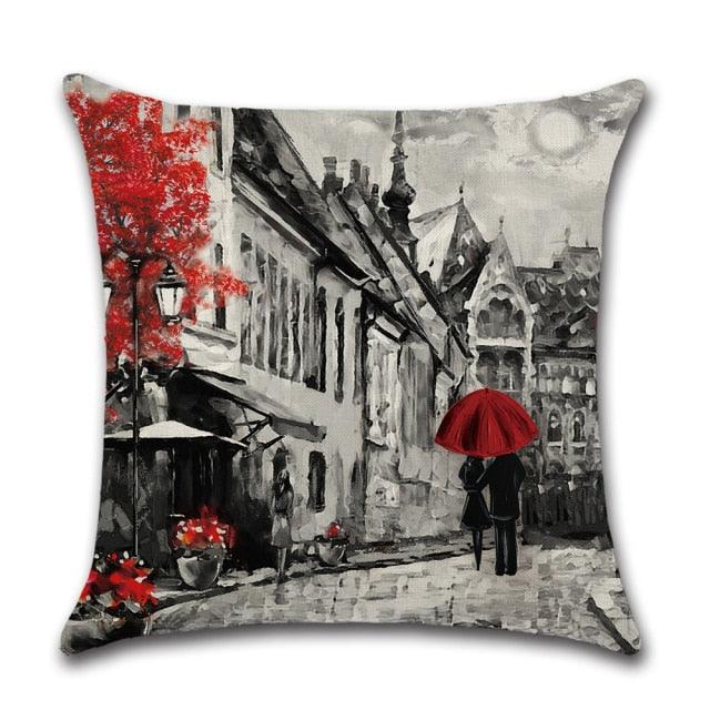 Black And Red Paris Eiffel Tower City Landscape Couple Under Square Throw Pillow Cover Decorative Black & Red Color Eiffel Tower & Big Ben Lovers Pillow Case Cushion Cover Burlap for Sofa, Living Room Bedroom Indoor or Outdoor Pillowcase 45x45cm