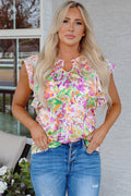 Purple Abstract Printed Ruffled Short Sleeve Notched Neck Blouse