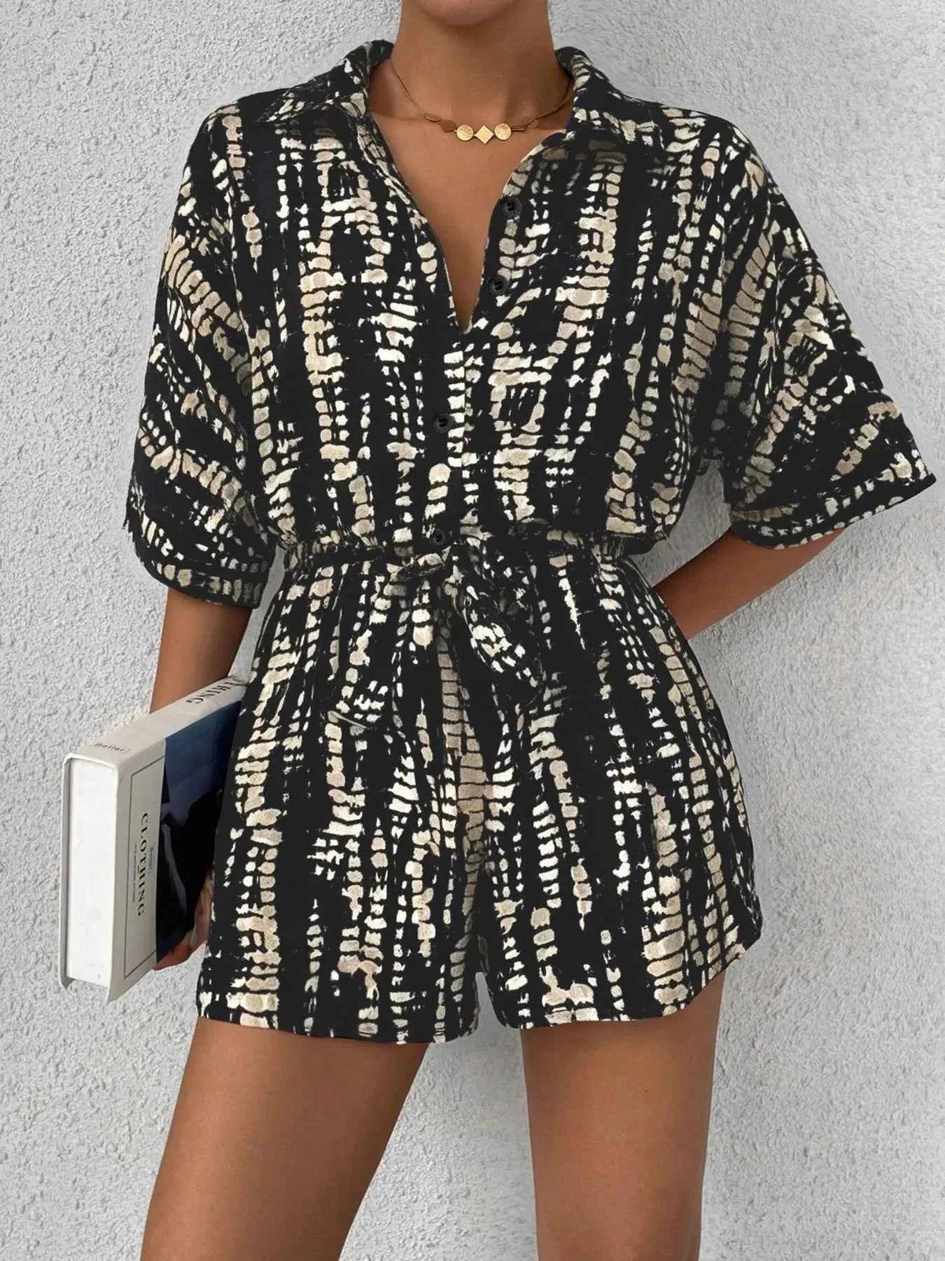 Tie Dye Print Collar Neck Short Sleeve Romper