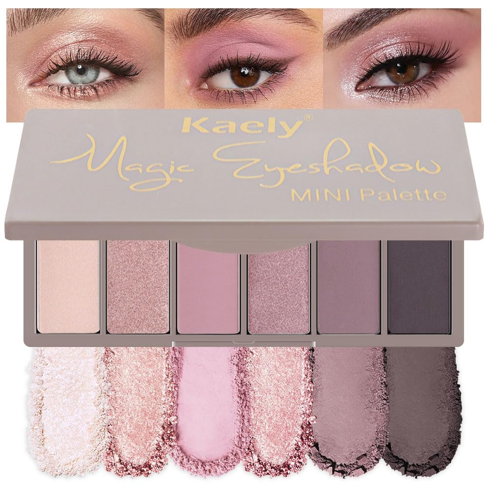 Kaely 6 Colors Mini Rose Pink Eye Shadow Palette Makeup, Mauve Plum Matte Shimmer Eyeshadow Palette for Older Women Highly Pigmented Waterproof, Paleta De Sombras De Ojos, Vegan & Cruelty-Free, 04