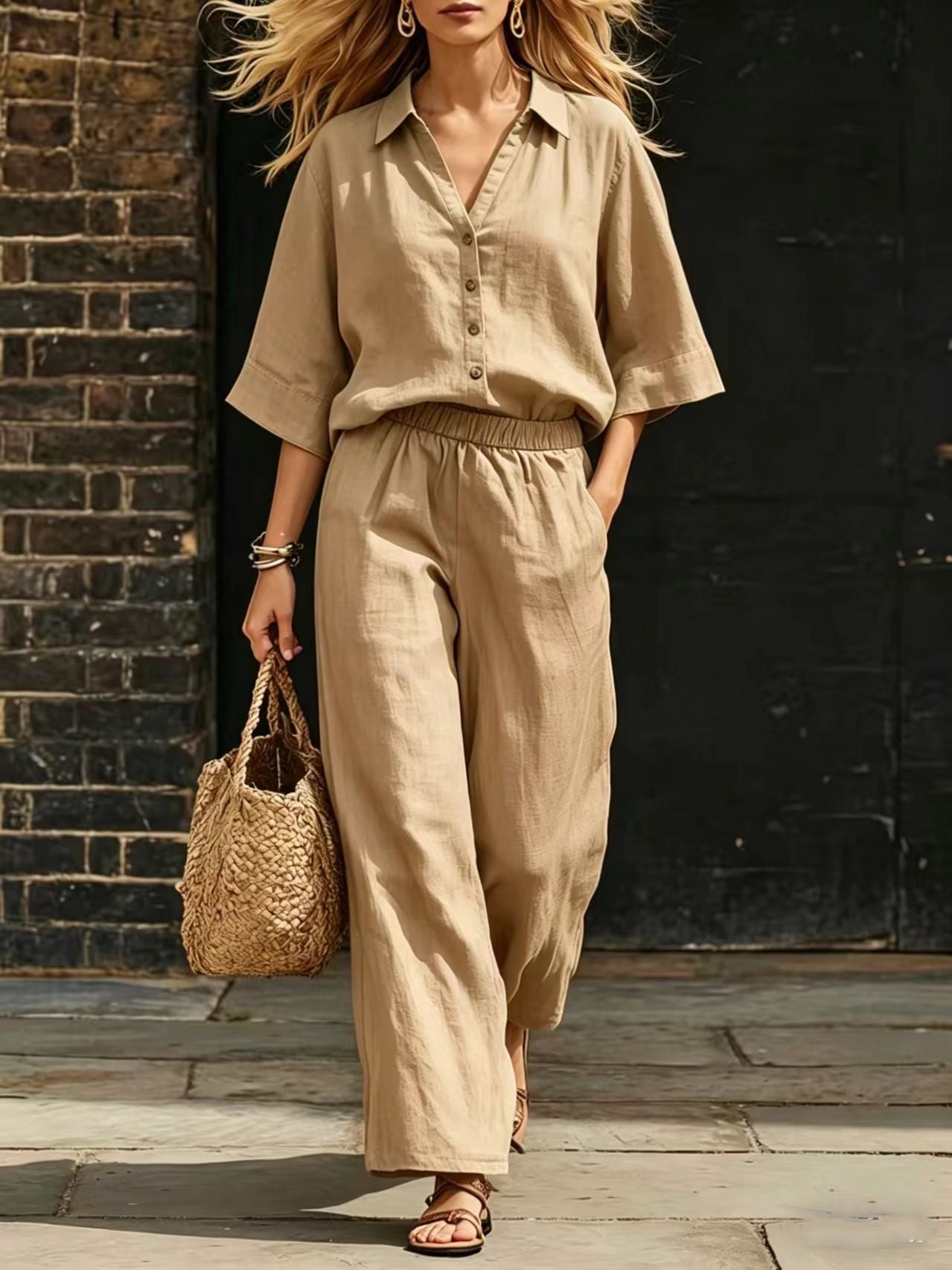 Short-Sleeve Shirt & Loose Pants Set – Casual Two-Piece