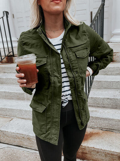 Retro Pocketed Long Sleeve Zip-Up Jacket Lightweight & Stylish Outerwear for Everyday Wear
