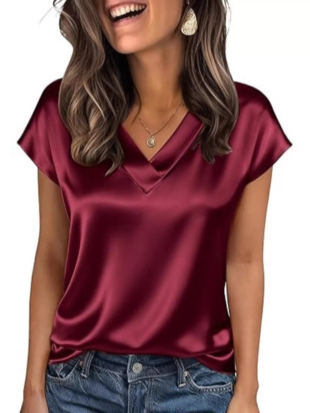 Satin V-Neck Short Sleeve Blouse