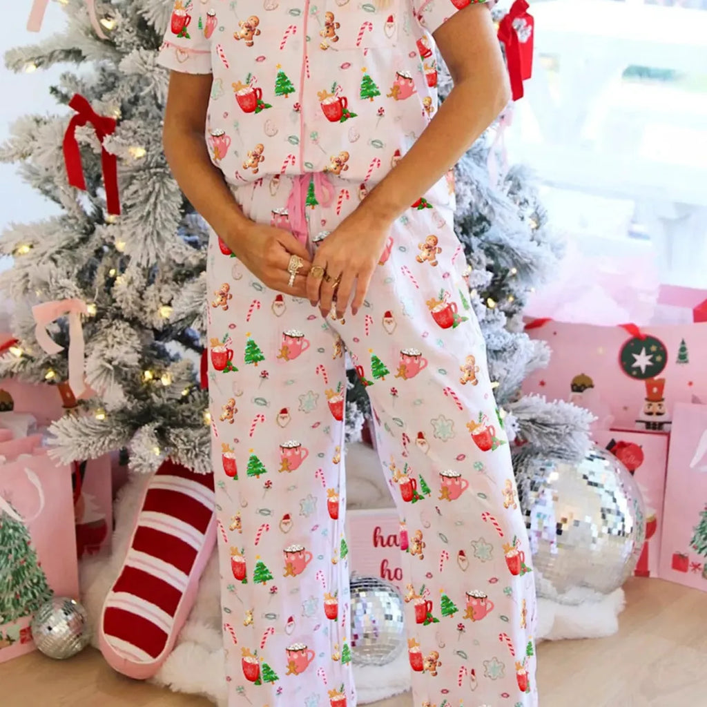 Christmas Spirit Cute Holiday Print Short Sleeve Shirt and Pants 2pcs