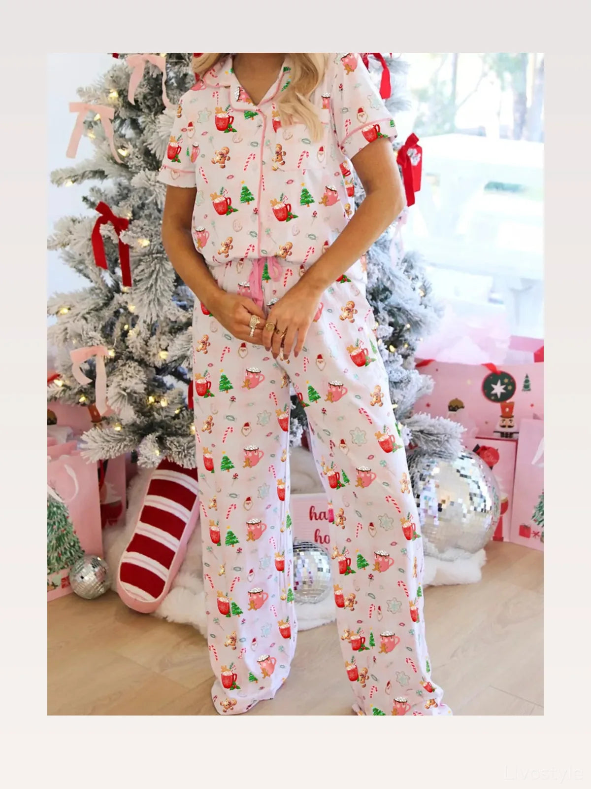 Christmas Spirit Cute Holiday Print Short Sleeve Shirt and Pants 2pcs