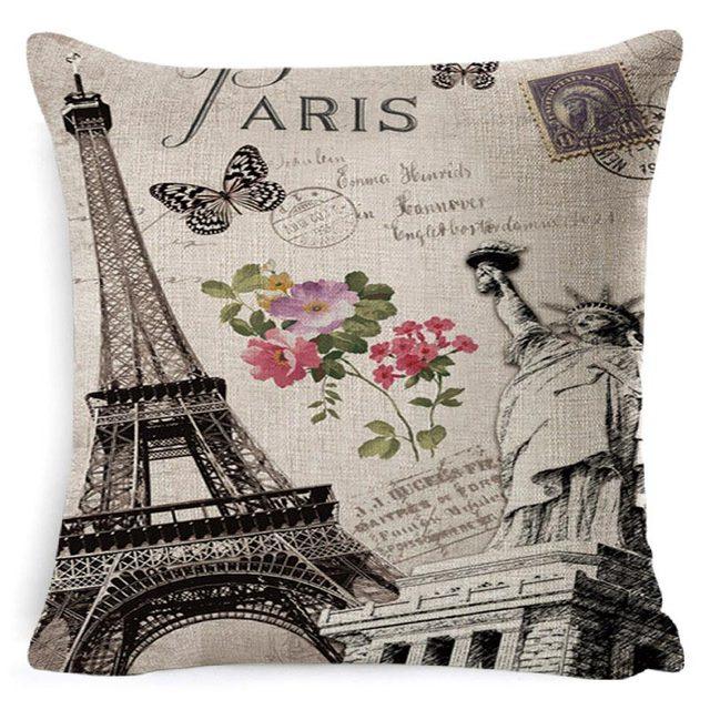 Cotton Linen Cushion Cover Retro Vintage Franch Paris Tower Pillow Cover Paris Linen Square Throw Pillow Case Decorative Durable Eiffel Tower Throw Pillow Covers For Couch Sofa Bed Throw Pillowcase Home Decor 45x45CM