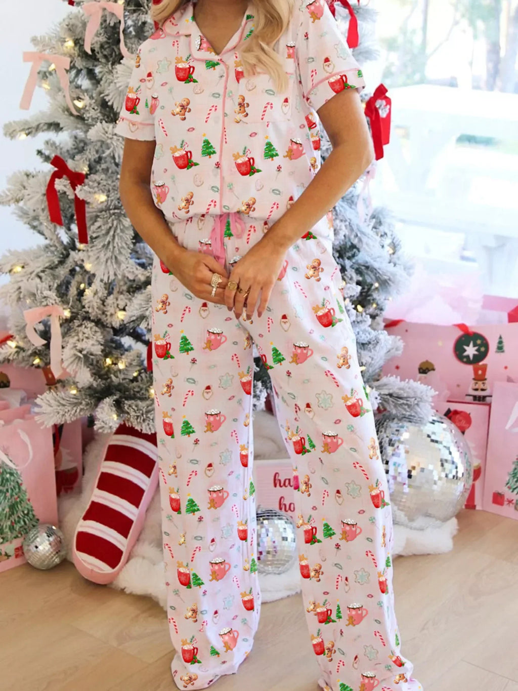 Christmas Spirit Cute Holiday Print Short Sleeve Shirt and Pants 2pcs