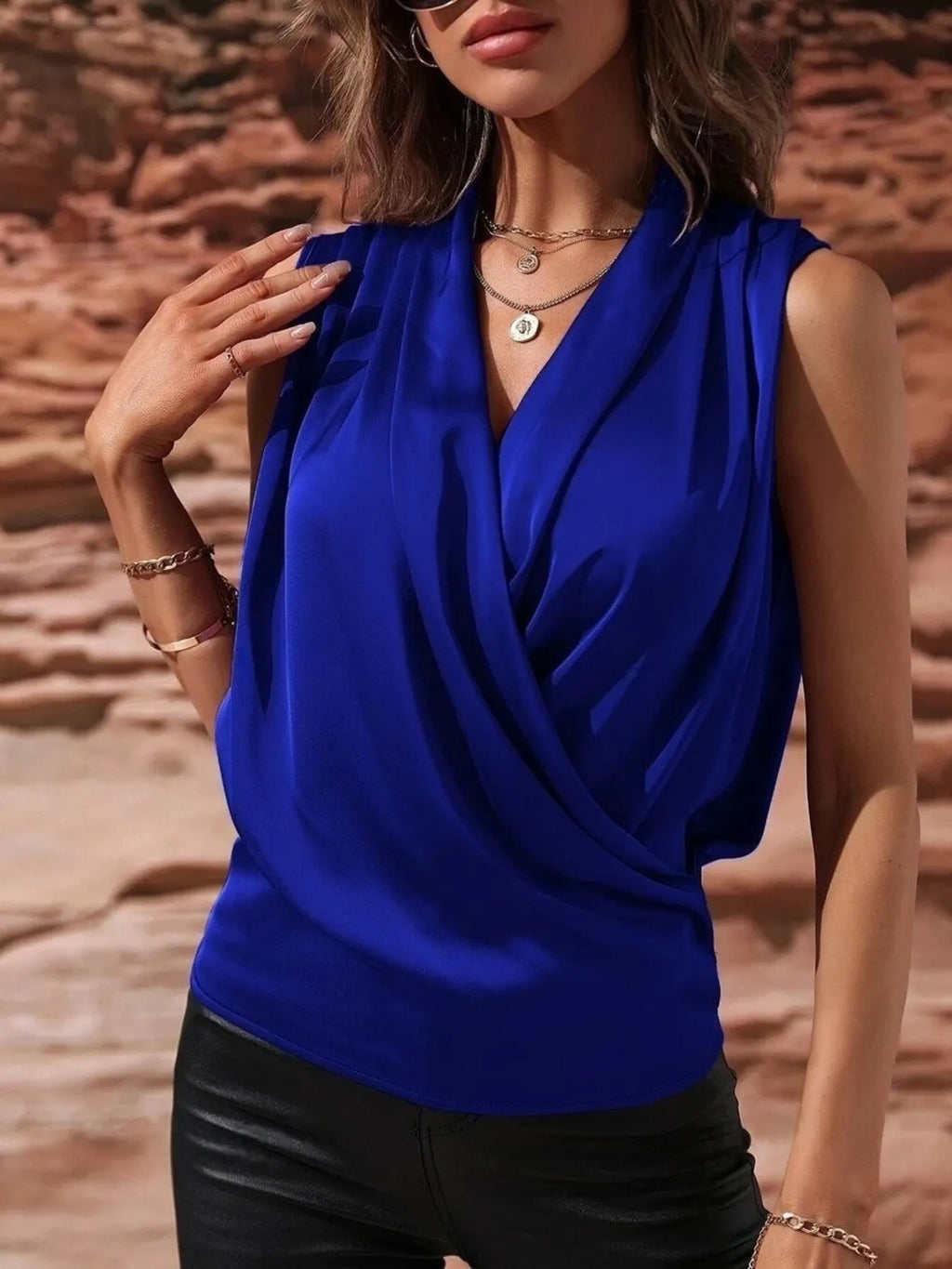 Sleeveless Wrap Draped  Blouse