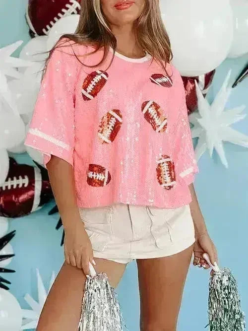 Sequin Football Top - Sparkling Half-Sleeve Blouse | Femstylo
