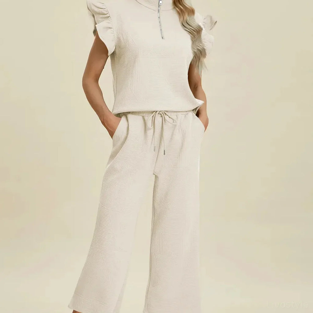Texture Ruffle Short Sleeve Top and Wide Leg Pants Set
