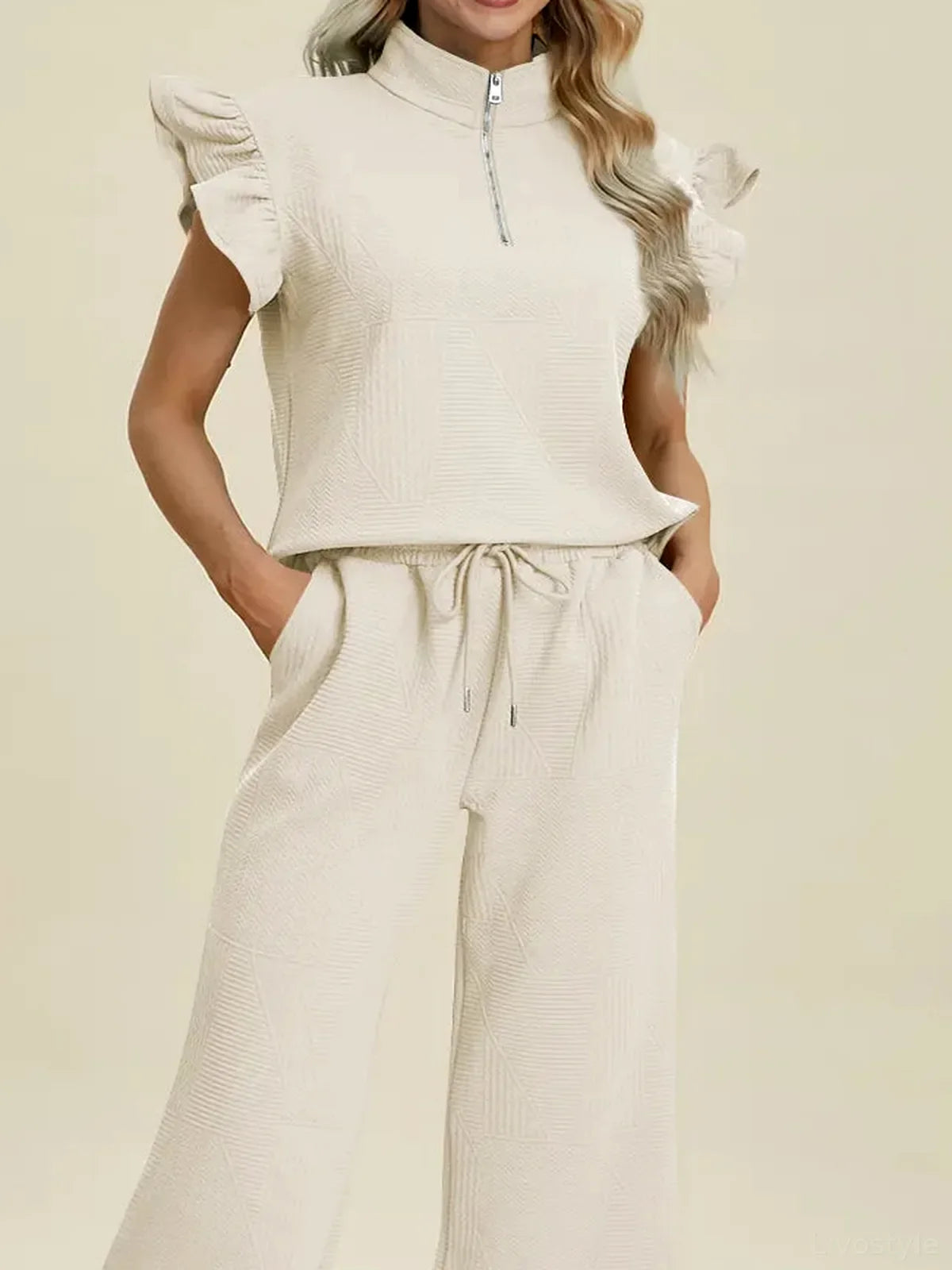 Texture Ruffle Short Sleeve Top and Wide Leg Pants Set
