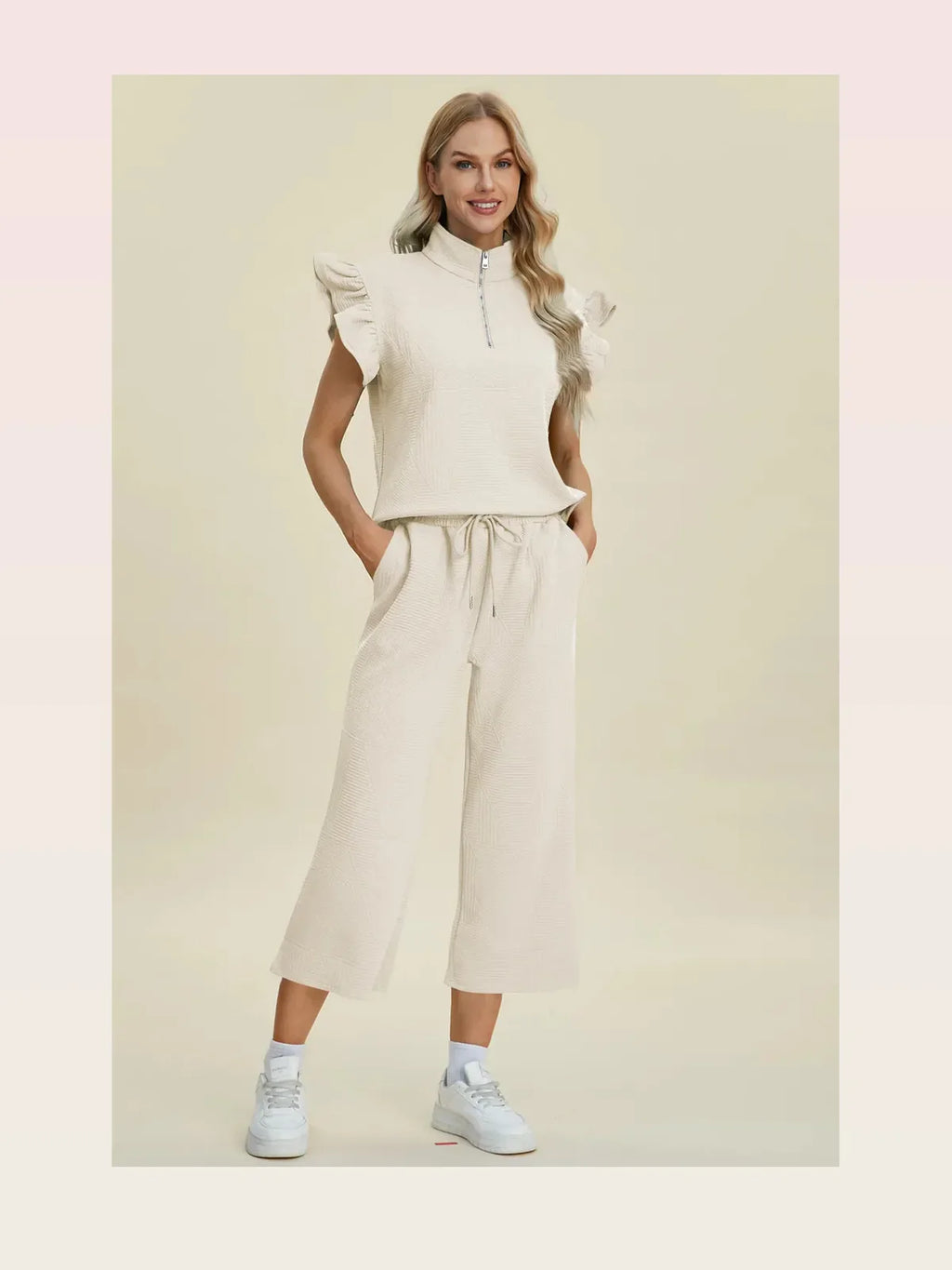 Texture Ruffle Short Sleeve Top and Wide Leg Pants Set