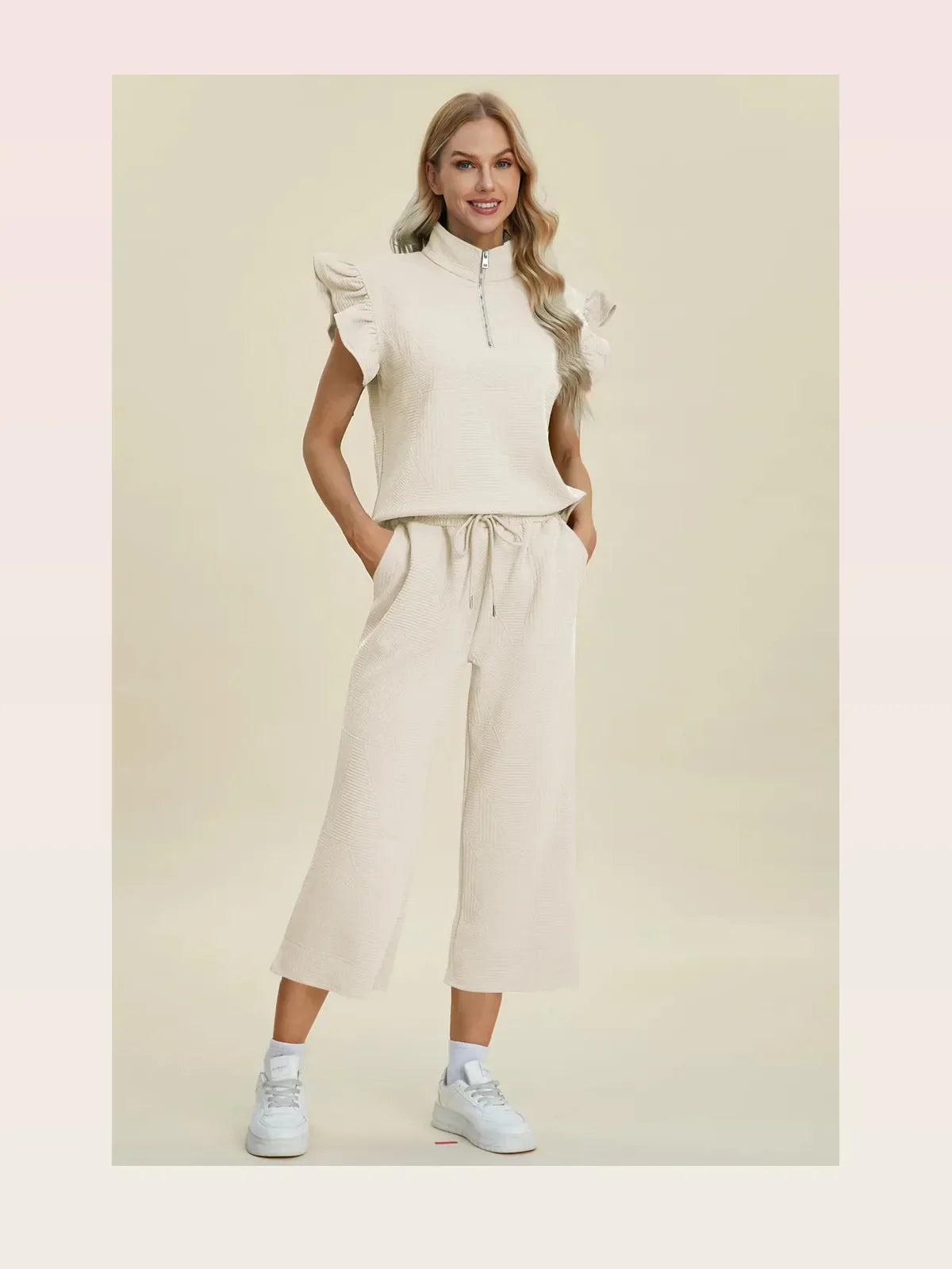Texture Ruffle Short Sleeve Top and Wide Leg Pants Set