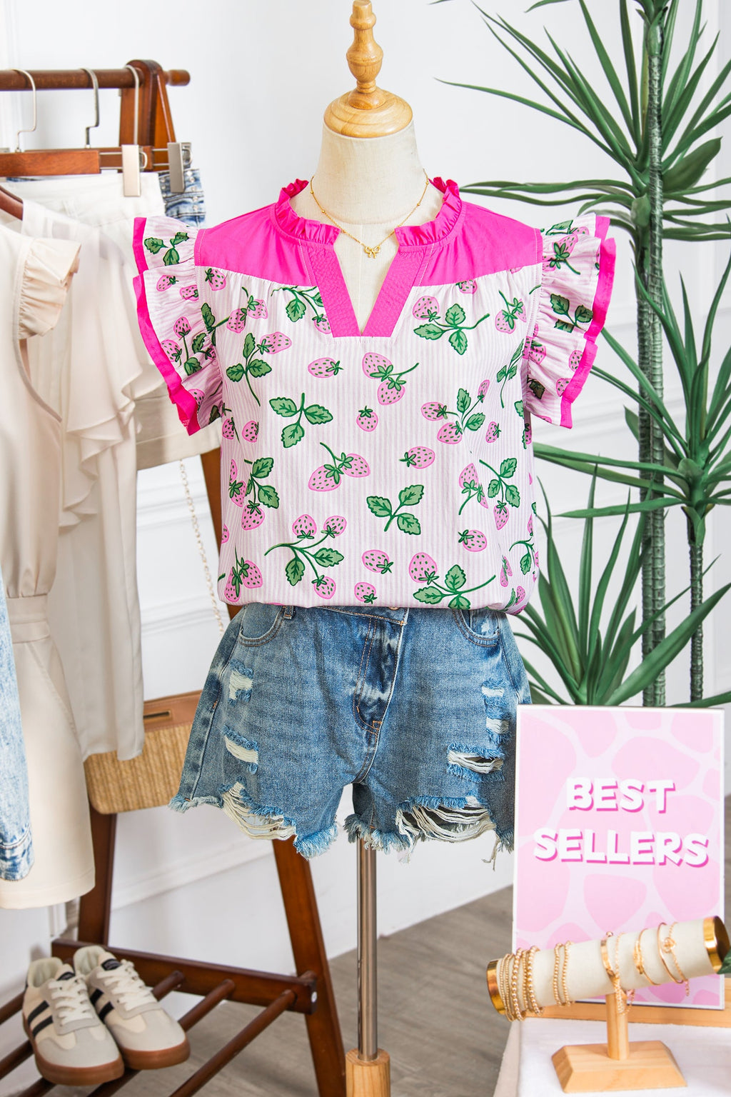 Pink Striped Strawberry Printed Color Block Patchwork V Neck Flutter Sleeve Blouse