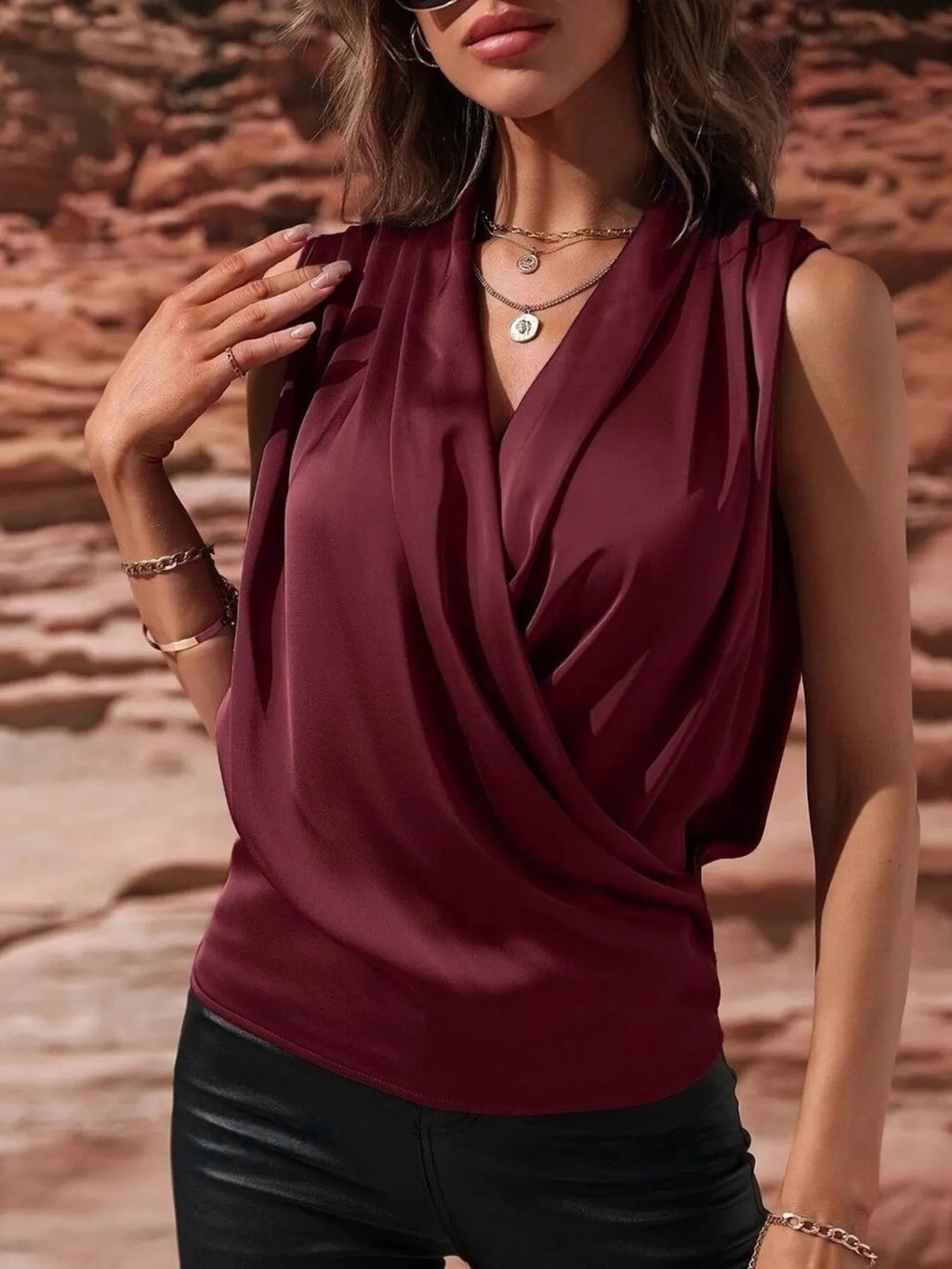 Sleeveless Wrap Draped  Blouse