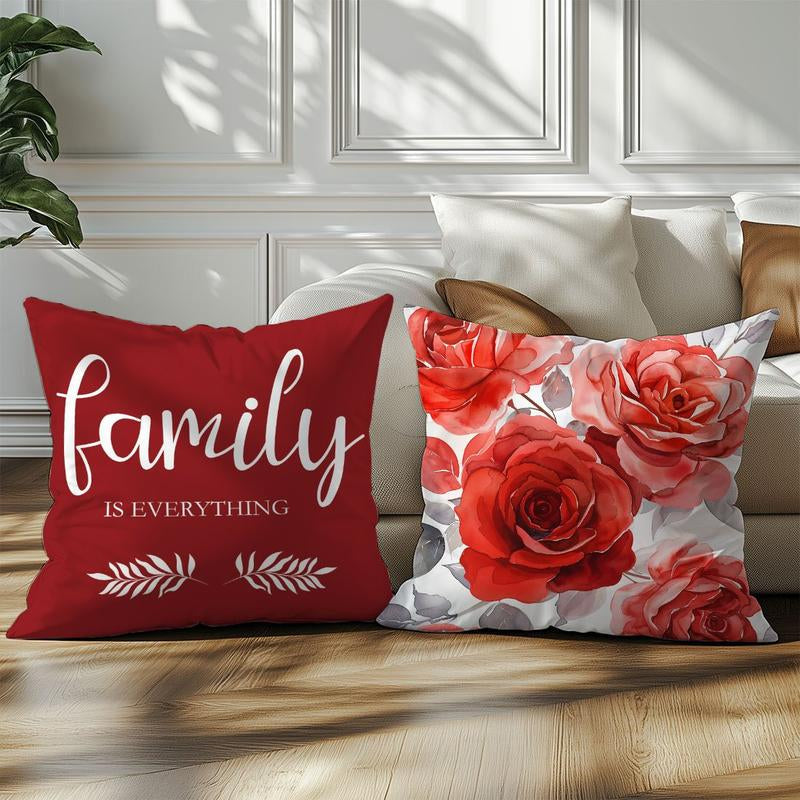 4Pcs, Contemporary Style Throw Pillow Covers, Red Floral & Bicycle Watercolor Design, Decorative Cushion Cases for Living Room Sofa & Bedroom - Home Series, Single Sided Printing, No Pillow Core