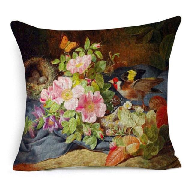 Elegant Oil Painting Flowers Printed Pillow Covers Vintage Style Birds Vase Art Home Decorative Sofa Car Chair Cushion Cover Decorative Throw Pillow Covers for Couch Sofa Bed Oil Painting Flower Farmhouse Cotton Linen Cusion Cover 45X45cm