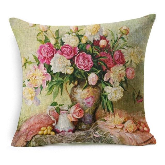 Elegant Oil Painting Flowers Printed Pillow Covers Vintage Style Birds Vase Art Home Decorative Sofa Car Chair Cushion Cover Decorative Throw Pillow Covers for Couch Sofa Bed Oil Painting Flower Farmhouse Cotton Linen Cusion Cover 45X45cm