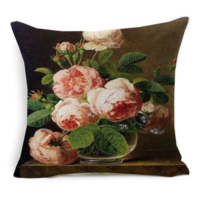 Elegant Oil Painting Flowers Printed Pillow Covers Vintage Style Birds Vase Art Home Decorative Sofa Car Chair Cushion Cover Decorative Throw Pillow Covers for Couch Sofa Bed Oil Painting Flower Farmhouse Cotton Linen Cusion Cover 45X45cm