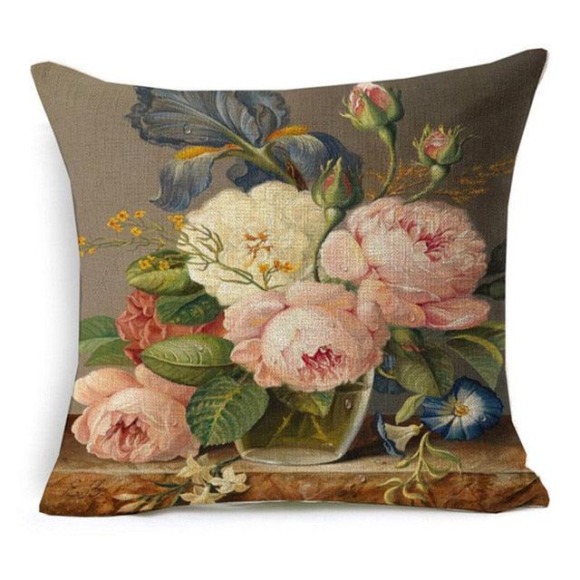 Elegant Oil Painting Flowers Printed Pillow Covers Vintage Style Birds Vase Art Home Decorative Sofa Car Chair Cushion Cover Decorative Throw Pillow Covers for Couch Sofa Bed Oil Painting Flower Farmhouse Cotton Linen Cusion Cover 45X45cm