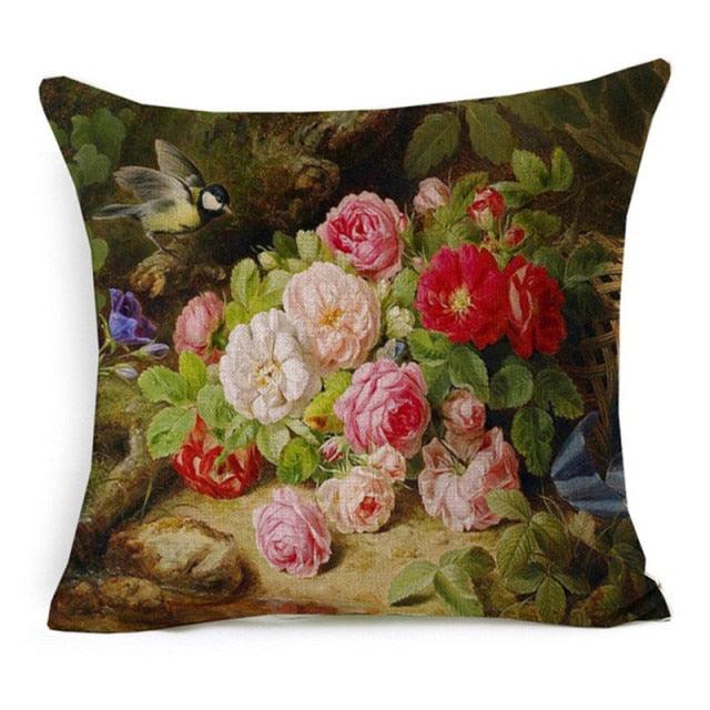 Elegant Oil Painting Flowers Printed Pillow Covers Vintage Style Birds Vase Art Home Decorative Sofa Car Chair Cushion Cover Decorative Throw Pillow Covers for Couch Sofa Bed Oil Painting Flower Farmhouse Cotton Linen Cusion Cover 45X45cm