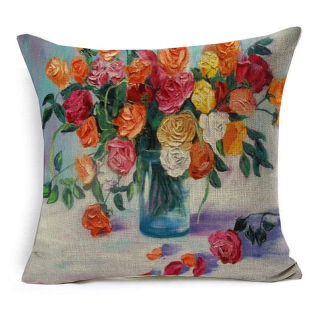 Elegant Oil Painting Flowers Printed Pillow Covers Vintage Style Birds Vase Art Home Decorative Sofa Car Chair Cushion Cover Decorative Throw Pillow Covers for Couch Sofa Bed Oil Painting Flower Farmhouse Cotton Linen Cusion Cover 45X45cm