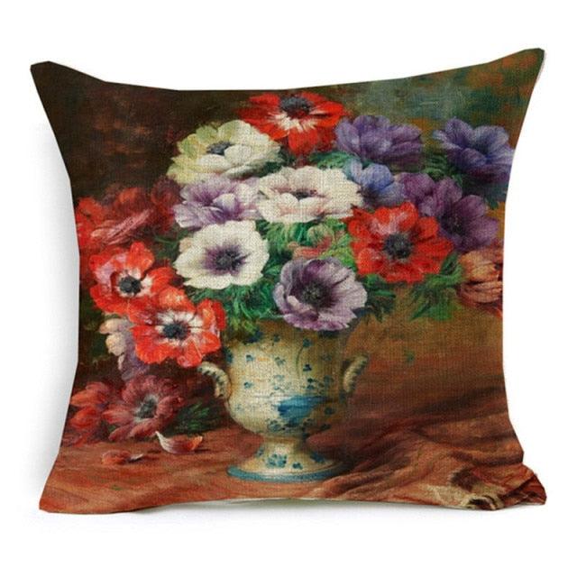 Elegant Oil Painting Flowers Printed Pillow Covers Vintage Style Birds Vase Art Home Decorative Sofa Car Chair Cushion Cover Decorative Throw Pillow Covers for Couch Sofa Bed Oil Painting Flower Farmhouse Cotton Linen Cusion Cover 45X45cm