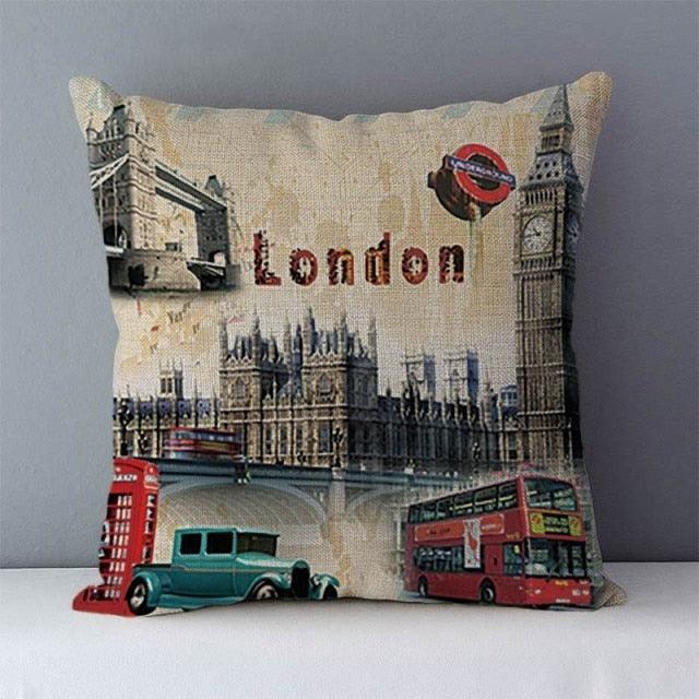 Elegant Retro Couch Cushion Home Decorative Pillows London Paris Scenic Printed Cotton Linen Square Decorative Retro London Throw Pillow Case Vintage Cushion Cover Pillowcase