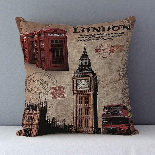 Elegant Retro Couch Cushion Home Decorative Pillows London Paris Scenic Printed Cotton Linen Square Decorative Retro London Throw Pillow Case Vintage Cushion Cover Pillowcase