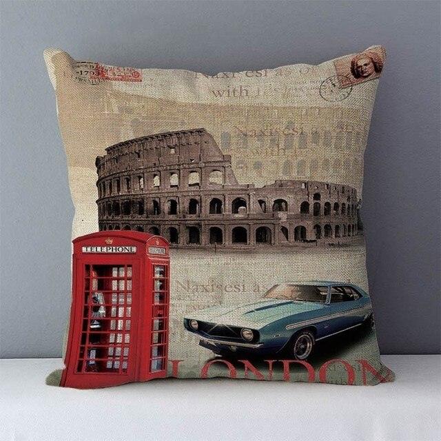 Elegant Retro Couch Cushion Home Decorative Pillows London Paris Scenic Printed Cotton Linen Square Decorative Retro London Throw Pillow Case Vintage Cushion Cover Pillowcase