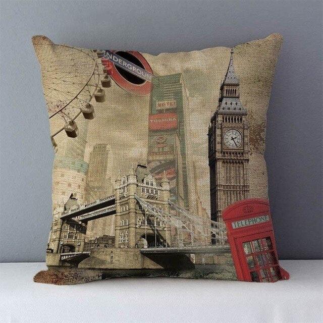 Elegant Retro Couch Cushion Home Decorative Pillows London Paris Scenic Printed Cotton Linen Square Decorative Retro London Throw Pillow Case Vintage Cushion Cover Pillowcase