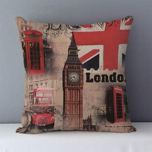 Elegant Retro Couch Cushion Home Decorative Pillows London Paris Scenic Printed Cotton Linen Square Decorative Retro London Throw Pillow Case Vintage Cushion Cover Pillowcase