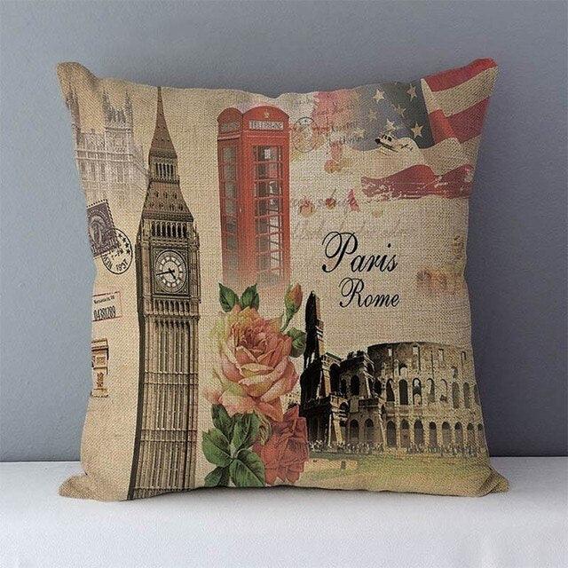 Elegant Retro Couch Cushion Home Decorative Pillows London Paris Scenic Printed Cotton Linen Square Decorative Retro London Throw Pillow Case Vintage Cushion Cover Pillowcase