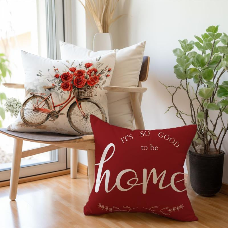 4Pcs, Contemporary Style Throw Pillow Covers, Red Floral & Bicycle Watercolor Design, Decorative Cushion Cases for Living Room Sofa & Bedroom - Home Series, Single Sided Printing, No Pillow Core