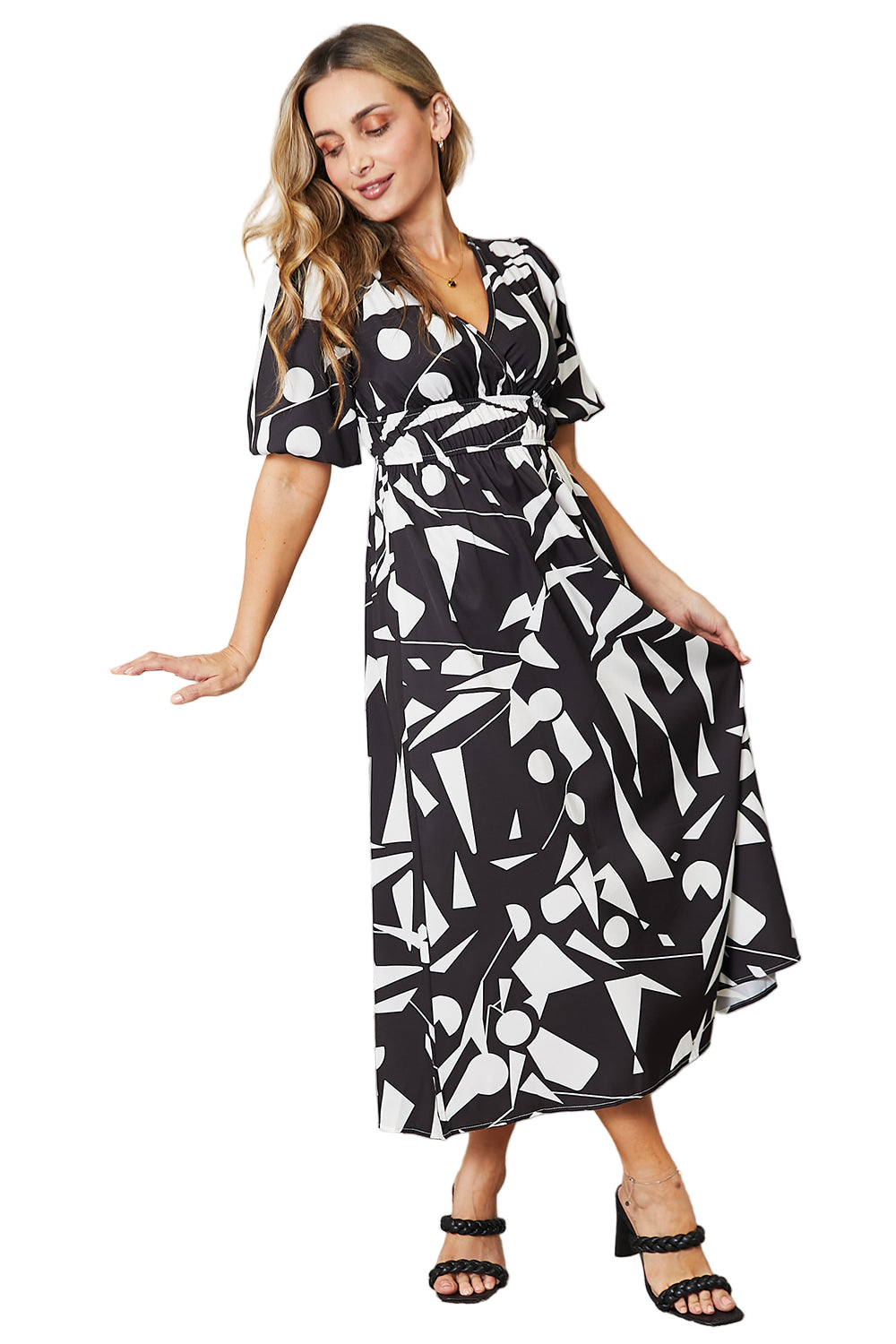 Women's Casual Midi Dress Printed Balloon Sleeve Wrap Dress Rust and White Short-Sleeve Fit