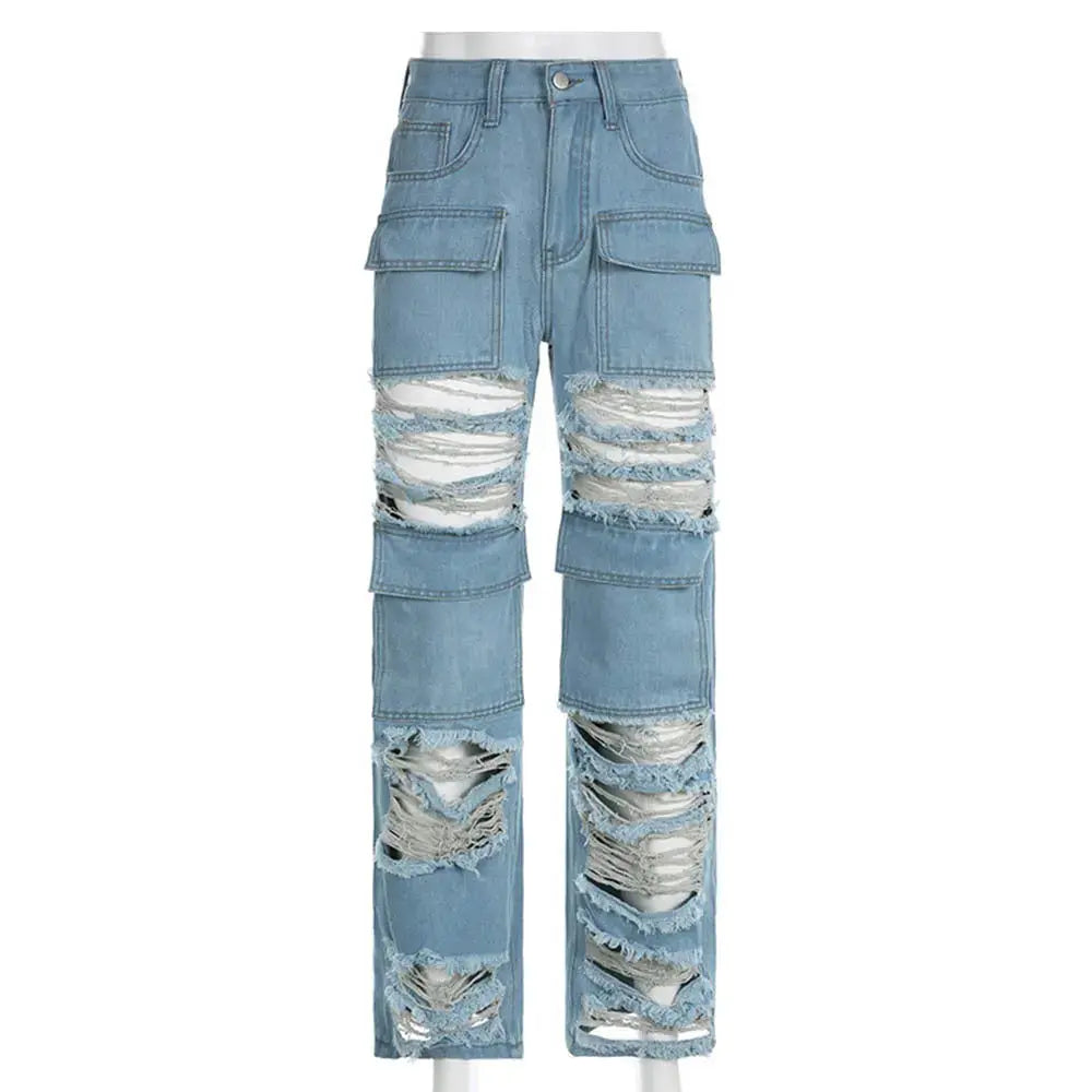Flairé™ High Waist Ripped Jeans Women – Distressed Raw Hem Denim Pants