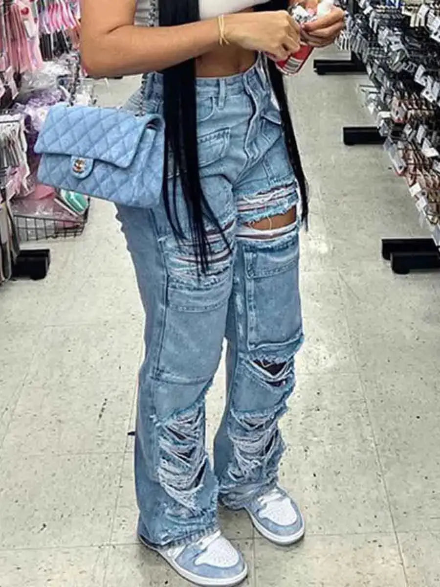 Flairé™ High Waist Ripped Jeans Women – Distressed Raw Hem Denim Pants