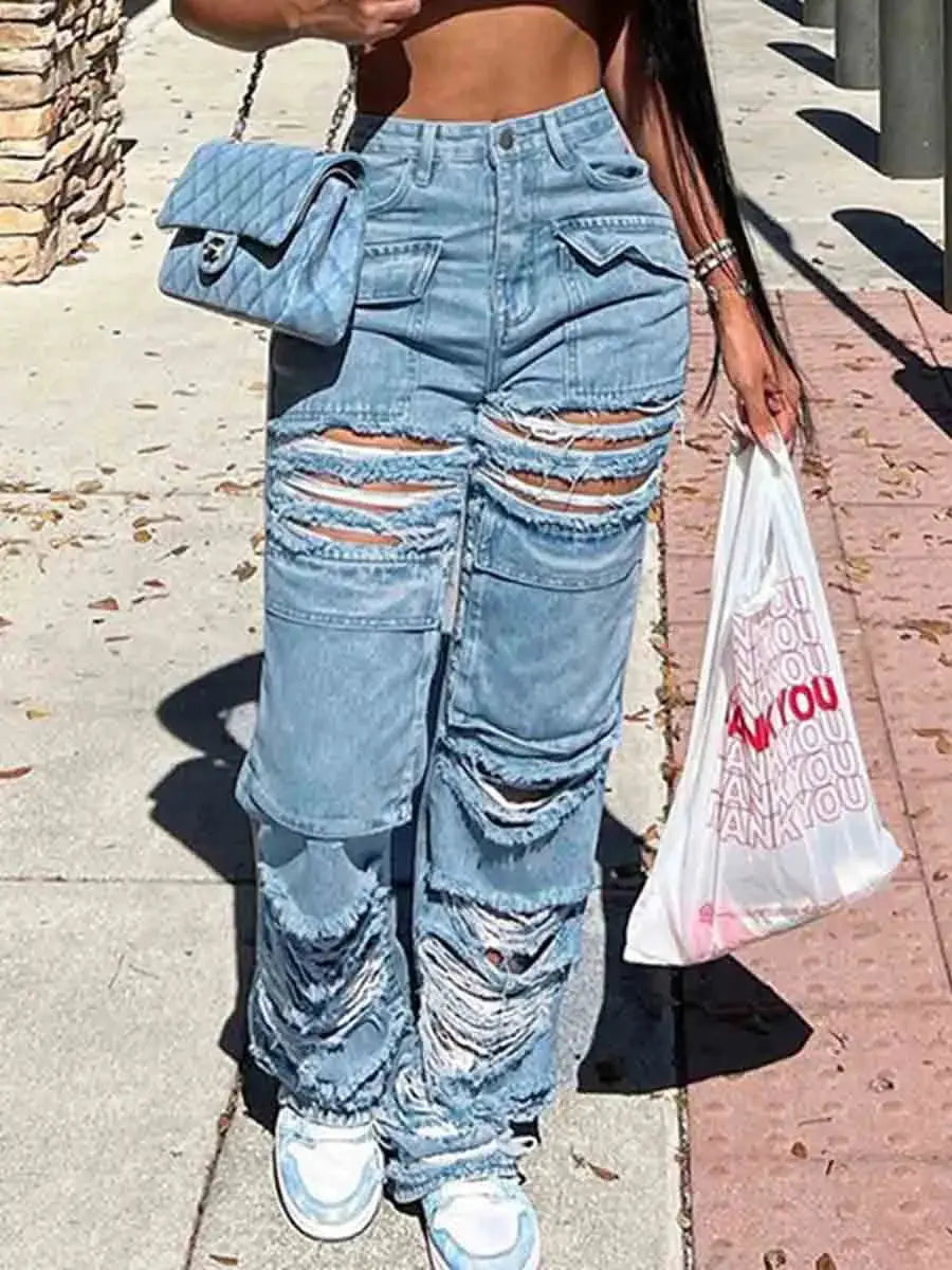 Flairé™ High Waist Ripped Jeans Women – Distressed Raw Hem Denim Pants