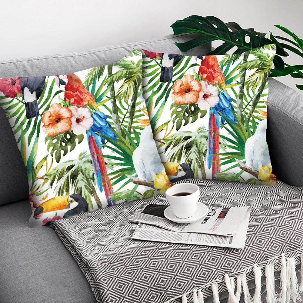 Flowers Plush Cushion Cover Pillow Decorative Colorful Tropical Leaf Throw Pillow Covers Decorative Plant Parrot Cushion Cover Pillowcase Square Cushion Cases For Home 45x45CM