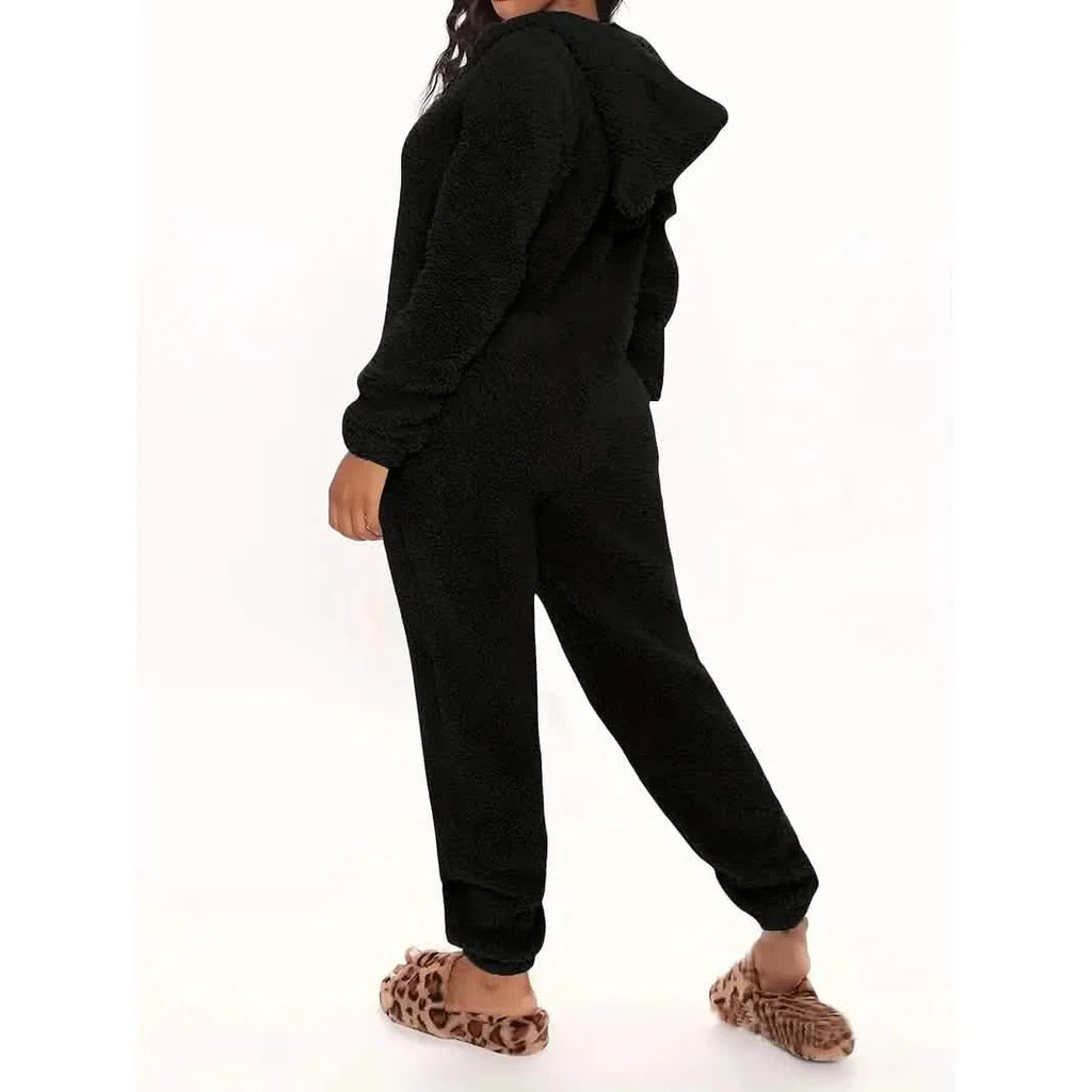 Fuzzy Hooded Pajama Jumpsuit For Music Festival, Long Sleeve Zipper Lingerie & Sleepwear