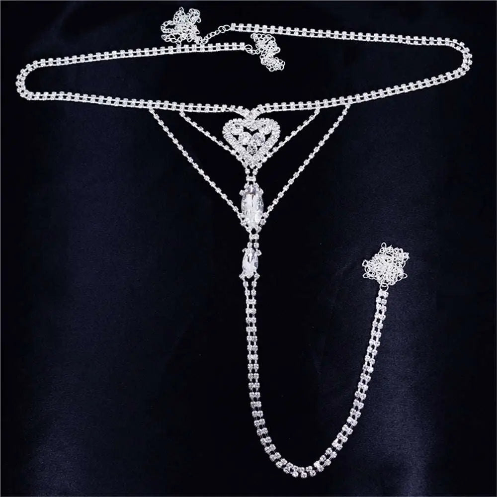 Heart Rhinestone Panty Body Jewelry with Garter Belt