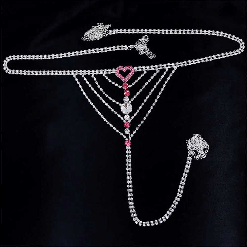 Heart Rhinestone Panty Body Jewelry with Garter Belt